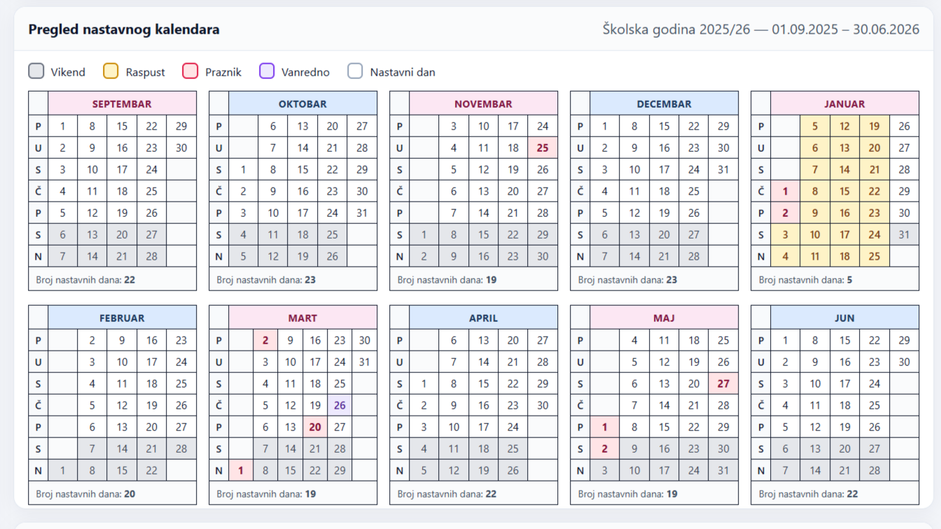 Školska godina i kalendar — snimak ekrana iz aplikacije.