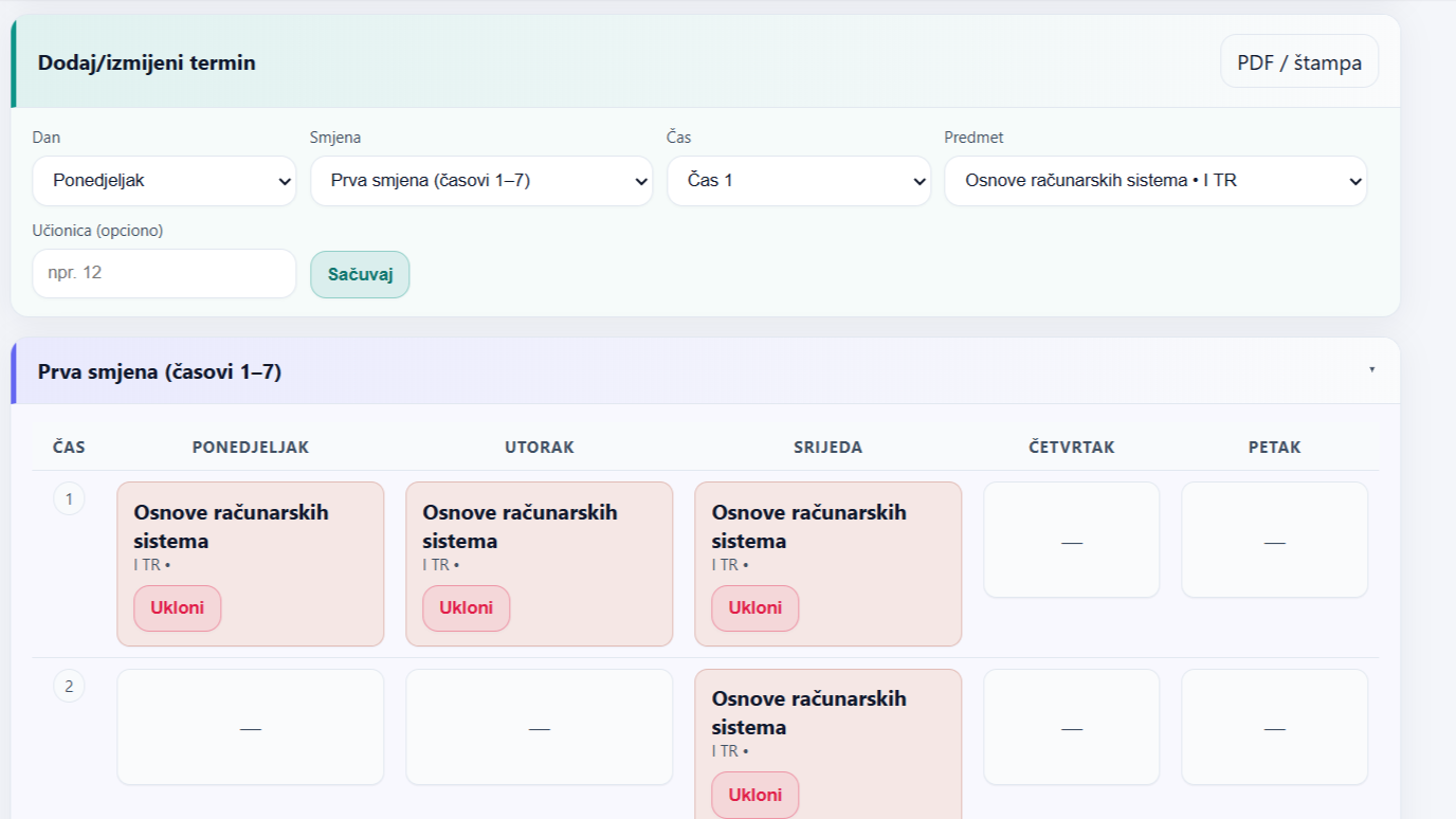 Raspored nastave — snimak ekrana iz aplikacije.