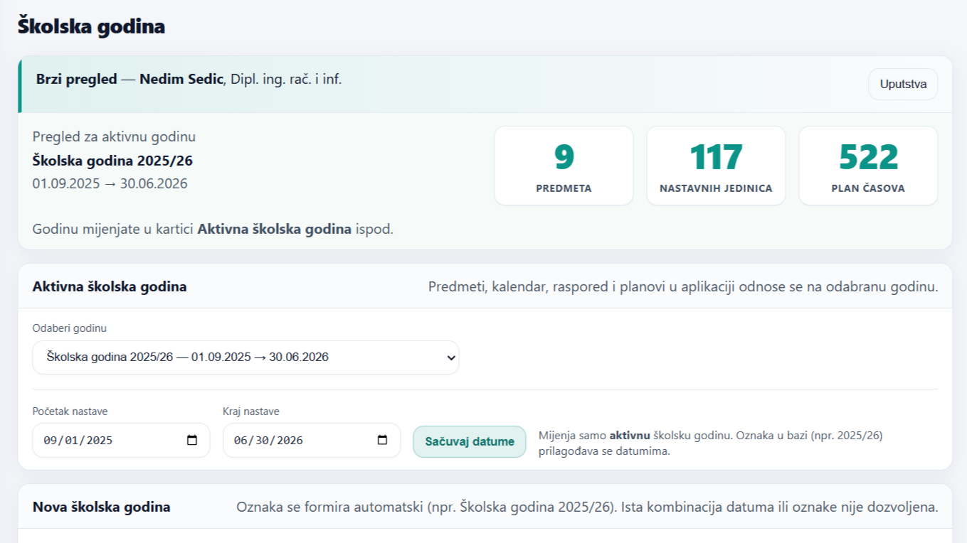 Nova školska godina — snimak ekrana iz aplikacije.